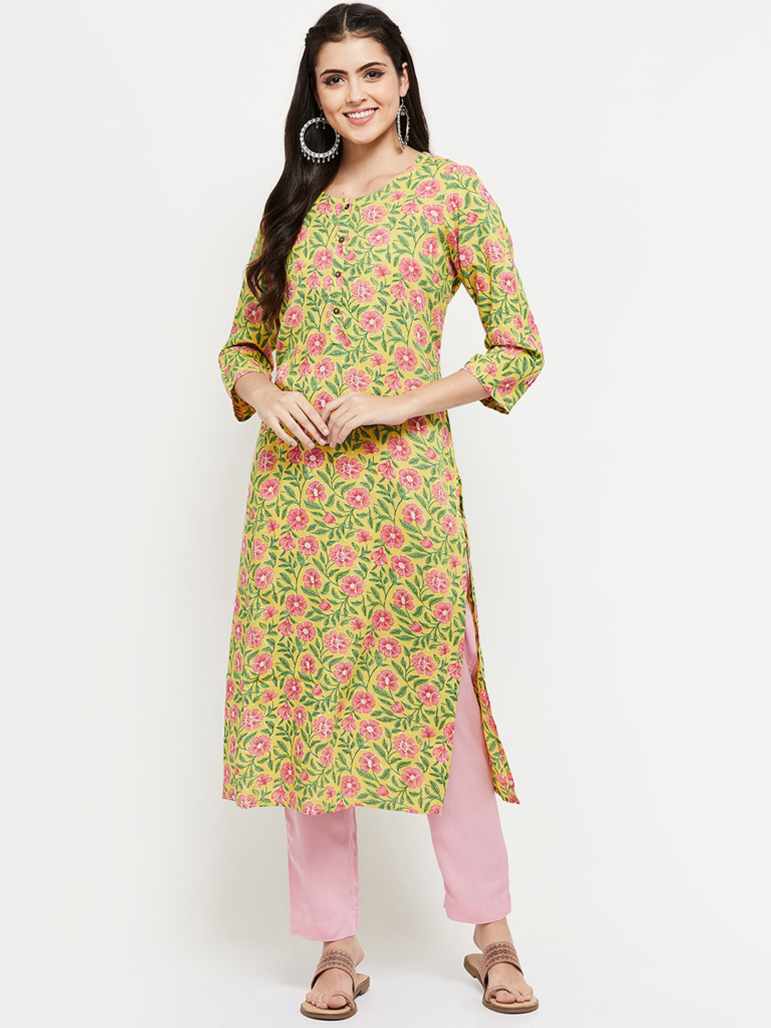 

max Women Yellow Floral Printed Kurta with Pink Trousers