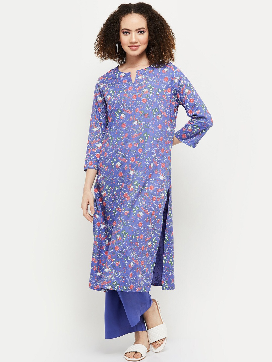 

max Women Blue Floral Printed Kurta with Trousers