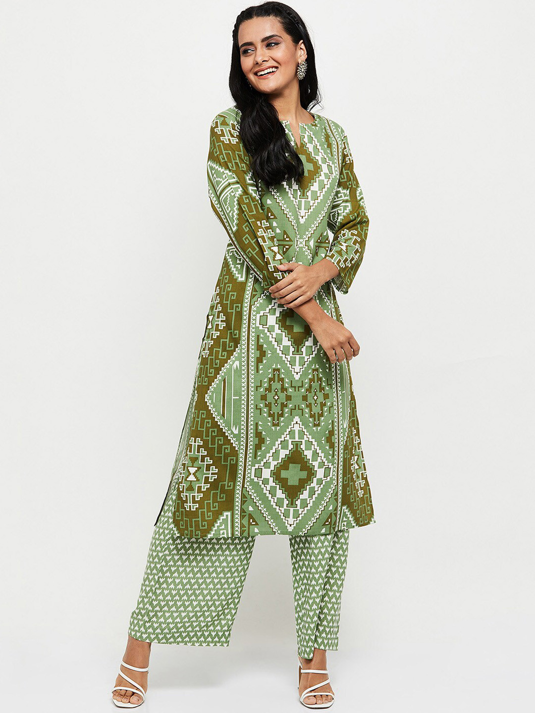 

max Women Green Abstract Printed Kurta with Palazzo