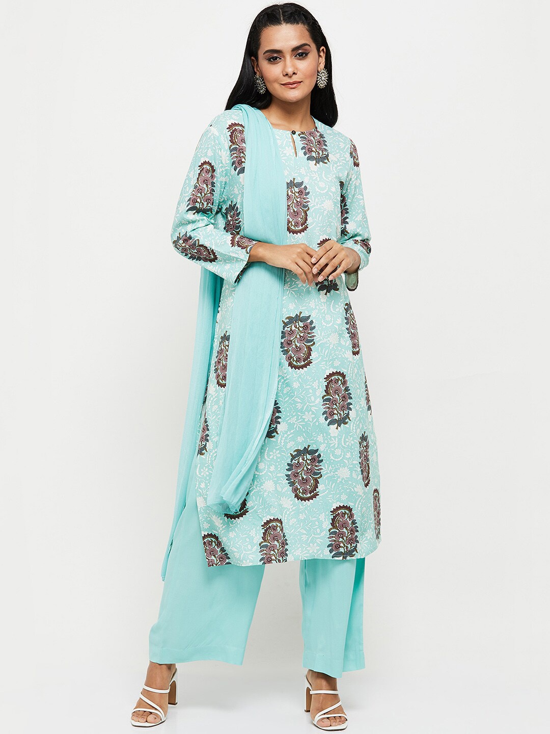 

max Women Blue Ethnic Motifs Printed Layered Kurta with Palazzos & Dupatta