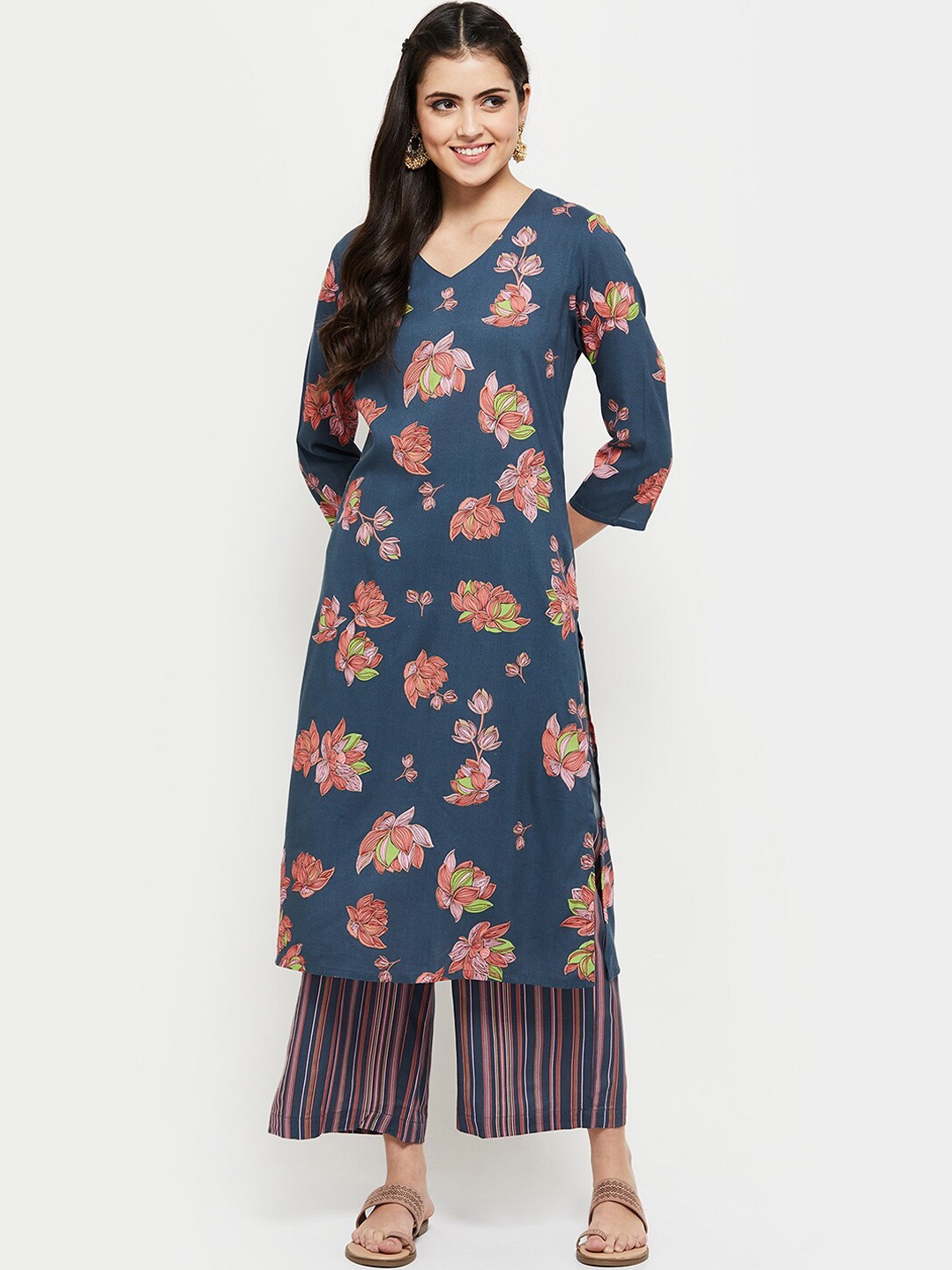 

max Women Blue Printed Kurta with Palazzos
