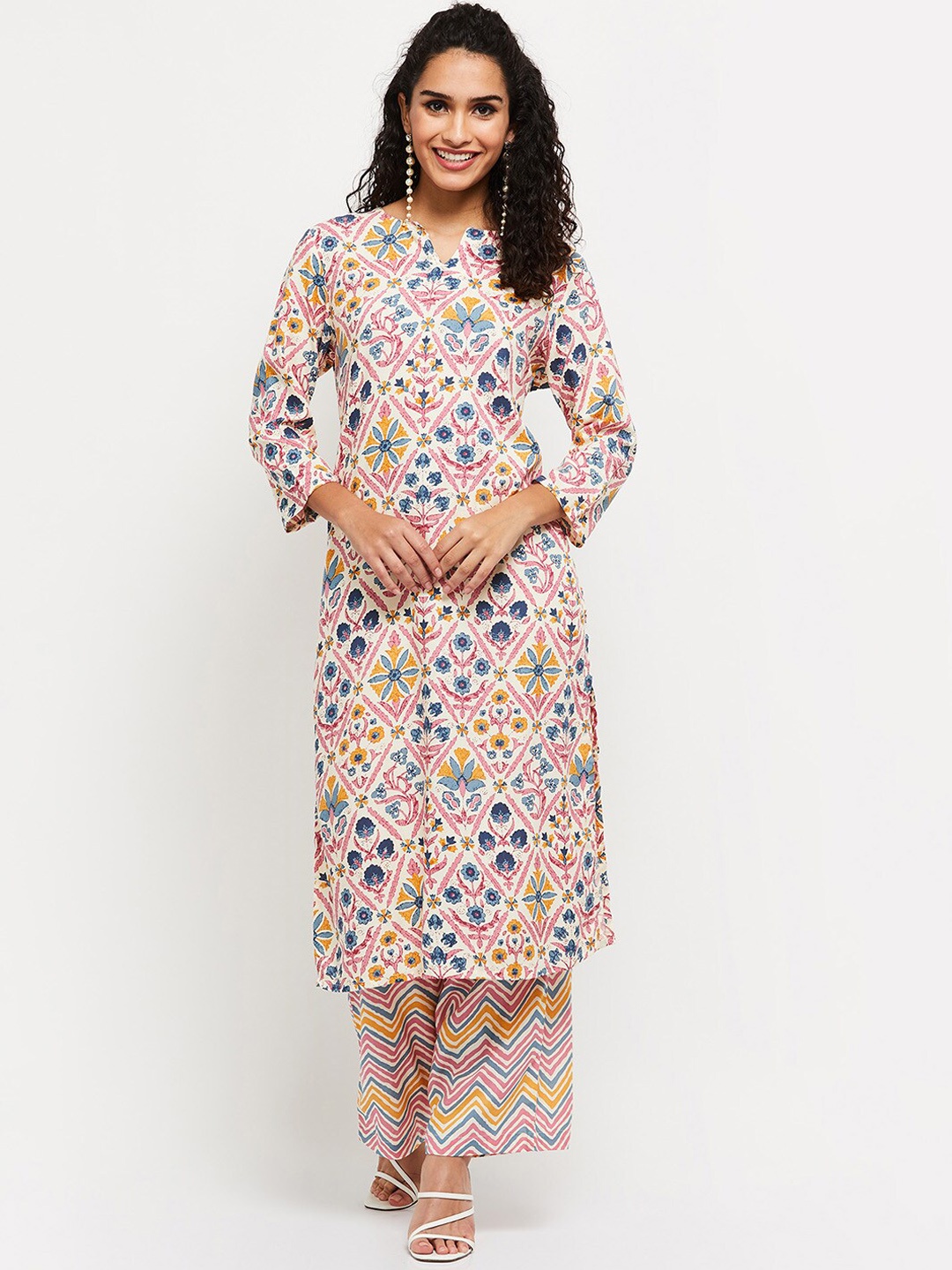 

max Women White and Pink Floral Printed Kurta with Palazzos