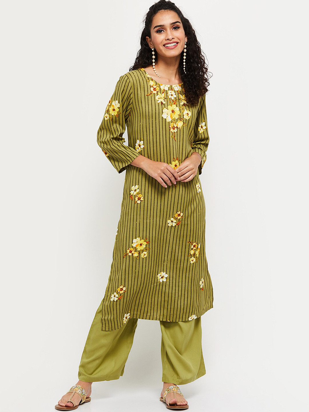 

max Women Green Striped Kurta with Palazzos