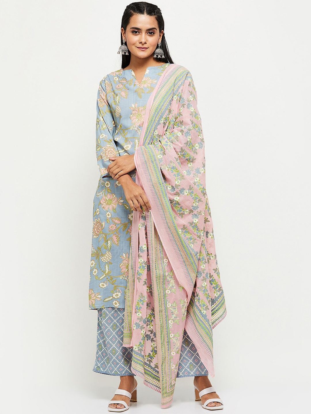 

max Women Blue Floral Printed Kurta with Palazzos & With Dupatta