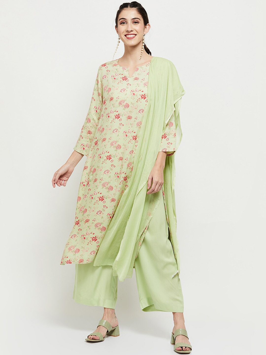 

max Women Green Floral Printed Layered Pure Cotton Kurta with Palazzos & With Dupatta