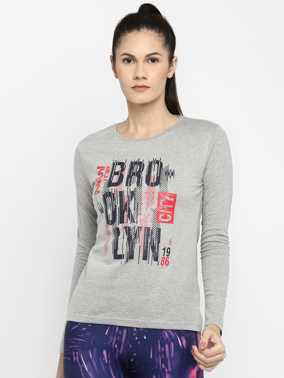 

appulse Women Grey Melange Typography Printed T-shirt