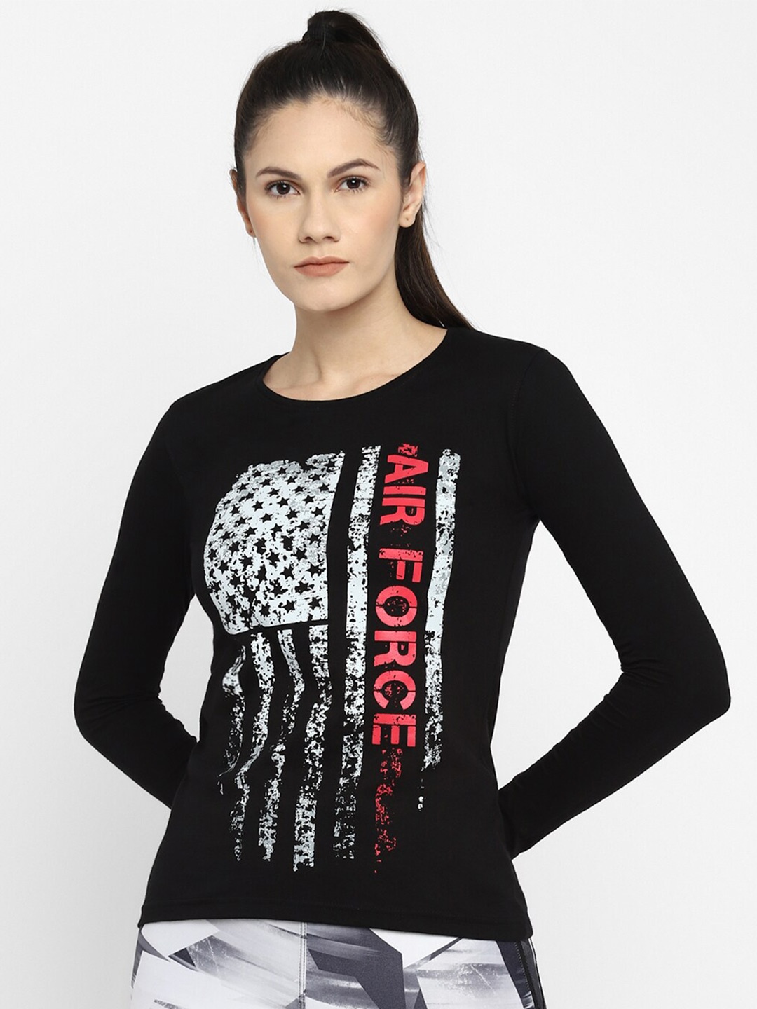 

appulse Women Black Printed T-shirt