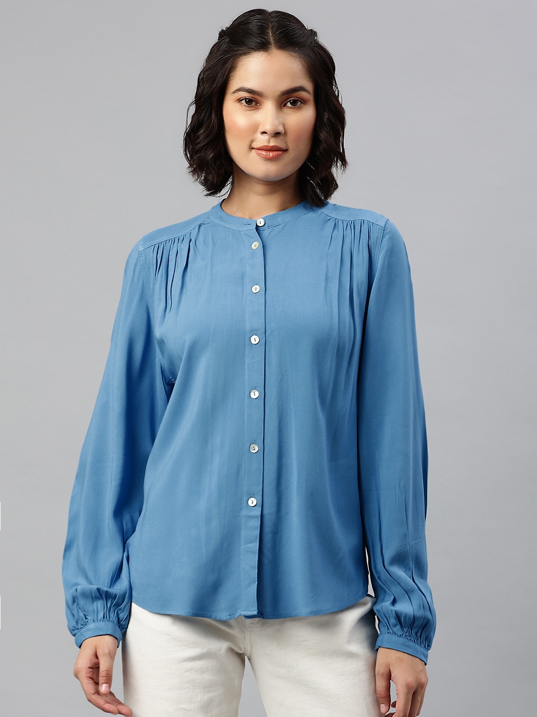 

Marks & Spencer Blue Mandarin Collar Shirt Style Top
