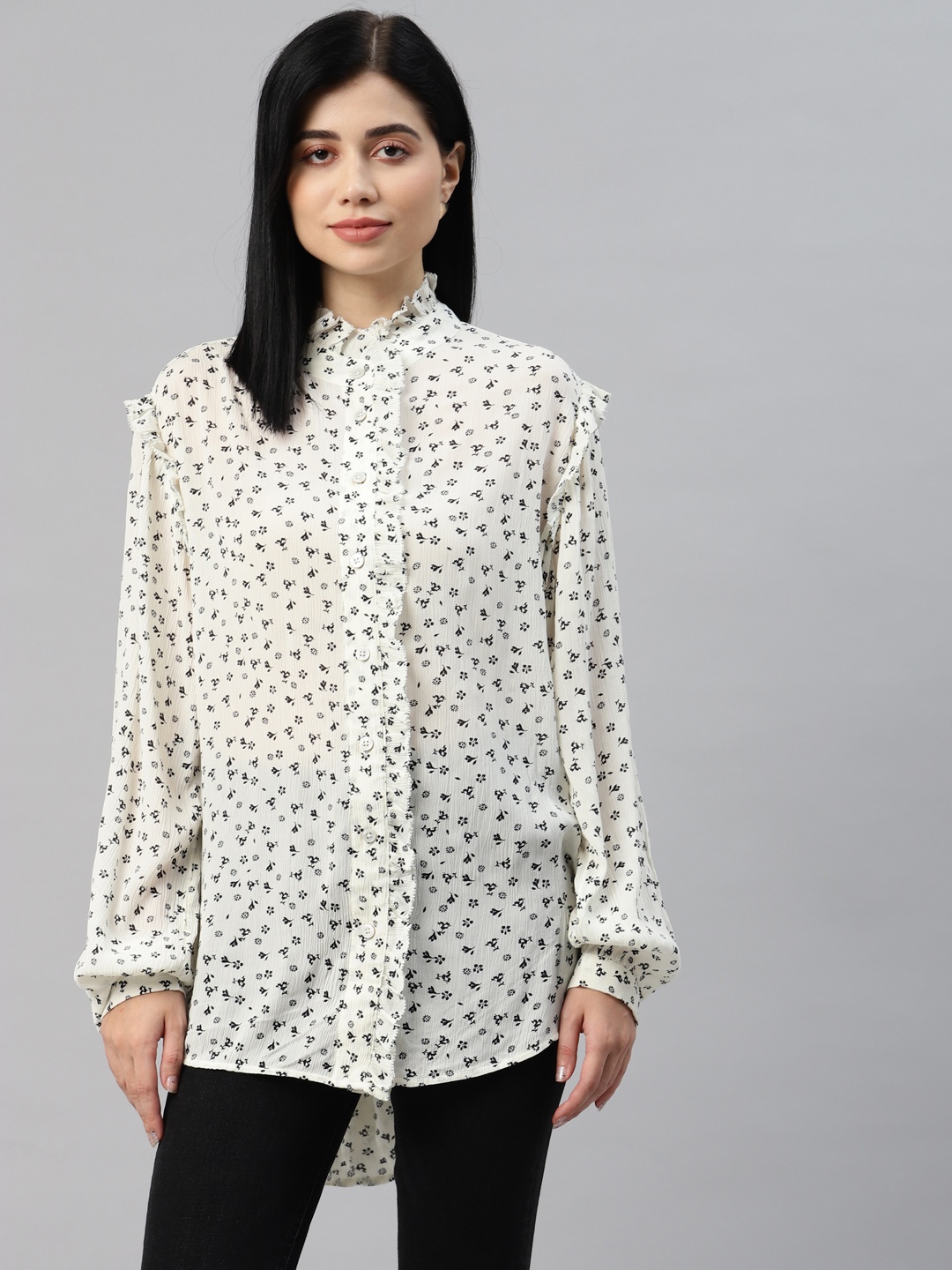 

Marks & Spencer Off White & Black Floral Print Mandarin Collar Ruffles Top