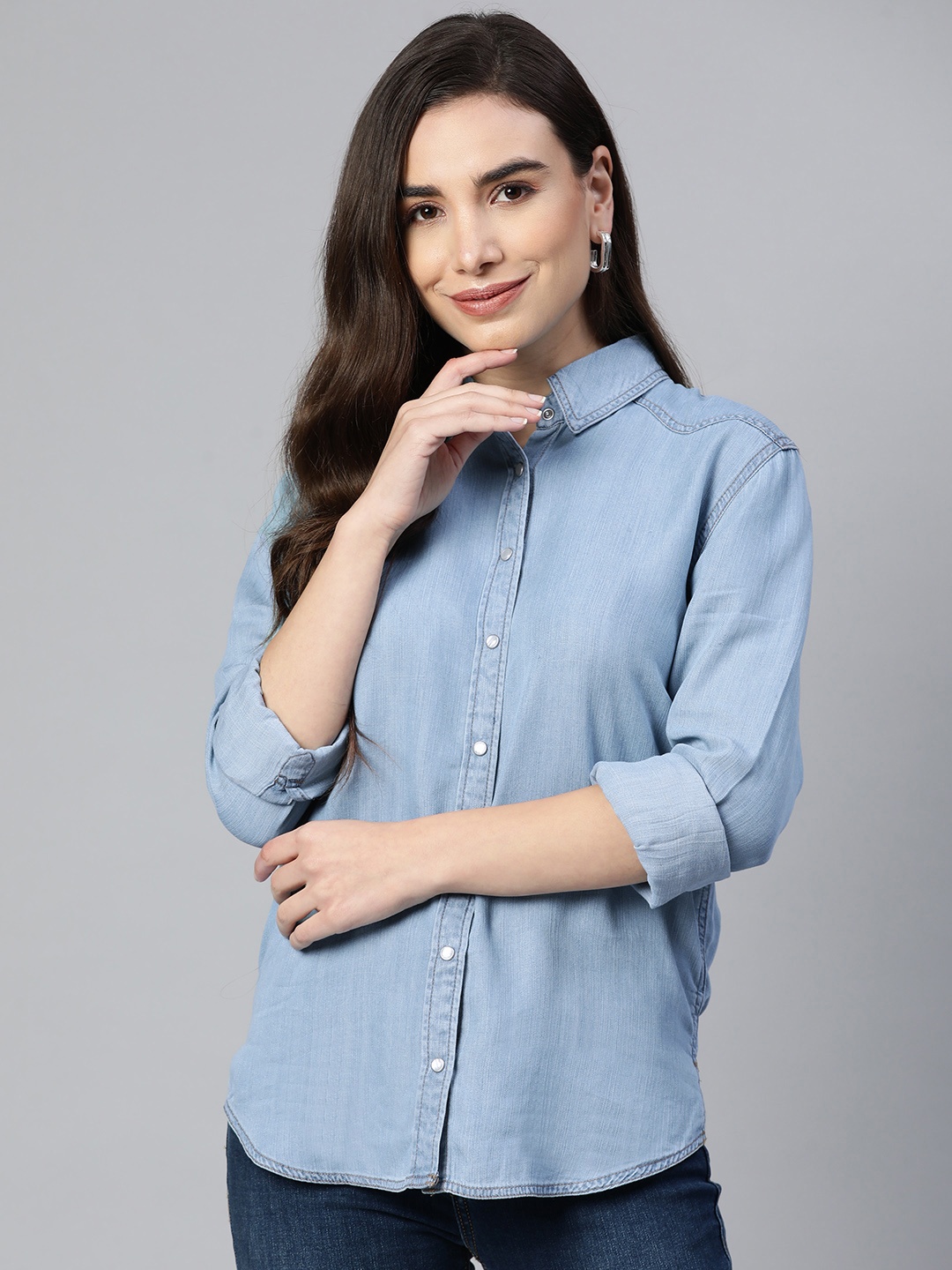 

Marks & Spencer Women Blue Solid Casual Chambray Shirt