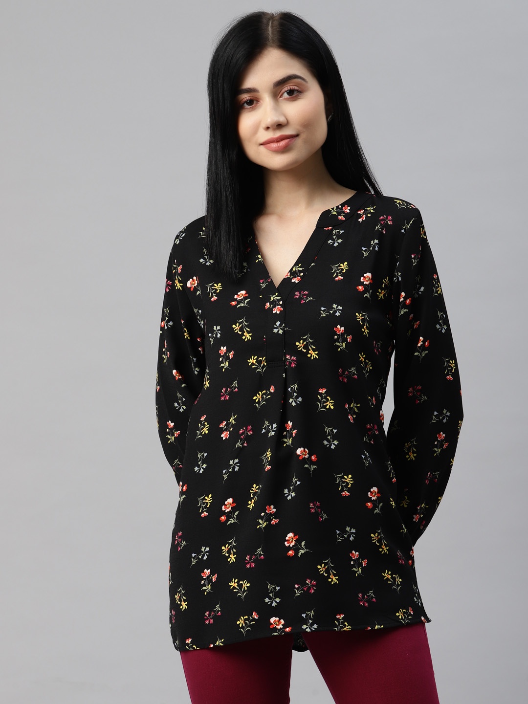 

Marks & Spencer Black & Yellow Floral Print Mandarin Collar Top
