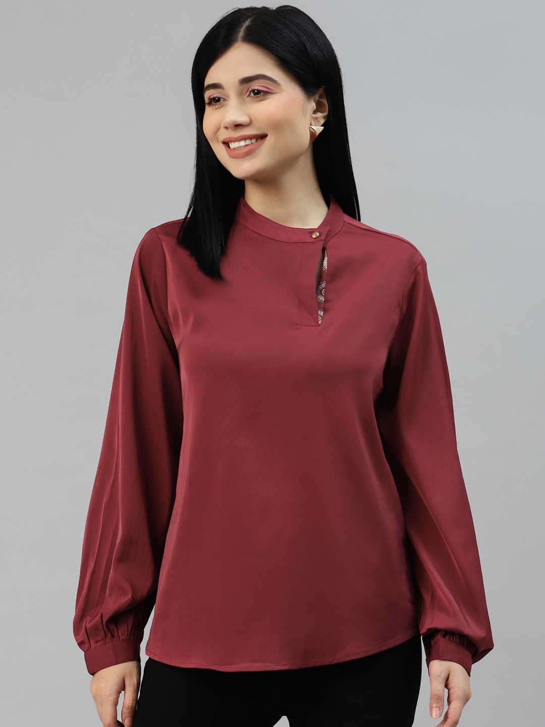 

Marks & Spencer Maroon Solid Mandarin Collar Top