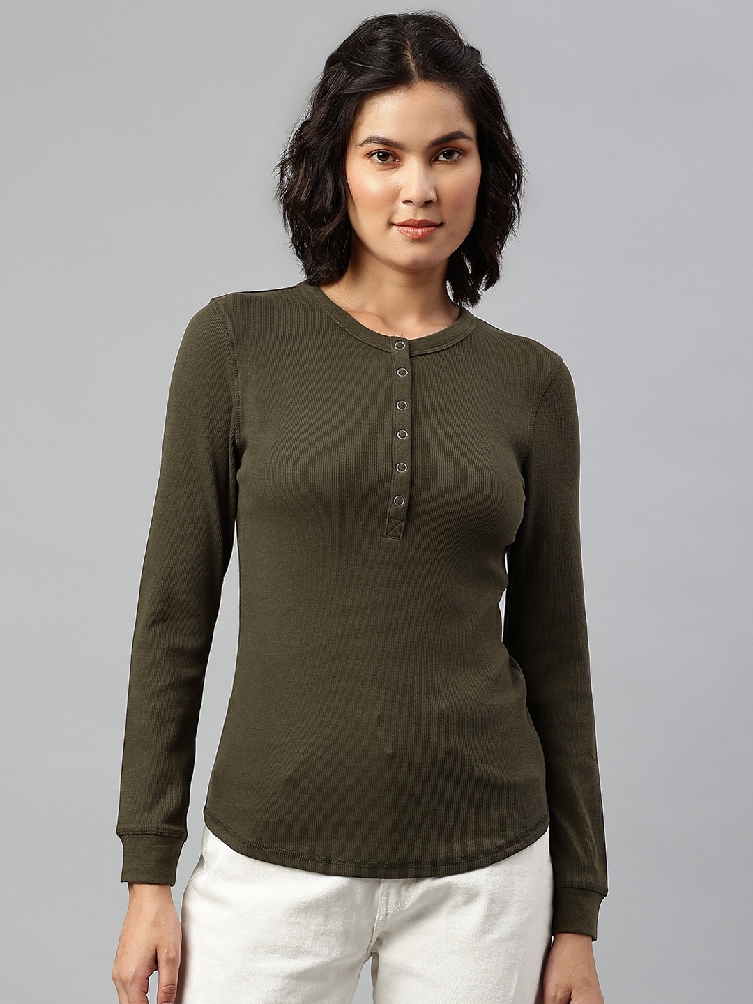 

Marks & Spencer Women Olive Green Pure Cotton Solid Fitted Top