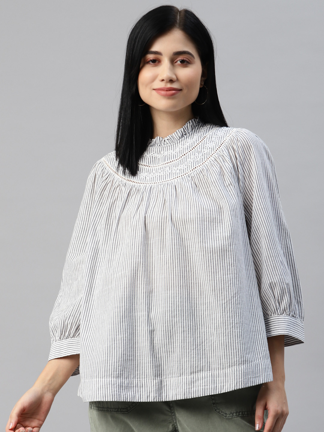 

Marks & Spencer White & Charcoal Grey Pure Cotton Striped Mandarin Collar Top