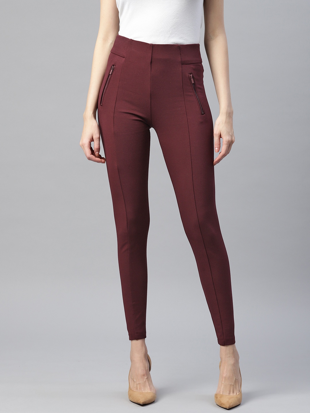 

Marks & Spencer Women Skinny Fit Solid High-Rise Treggings, Burgundy