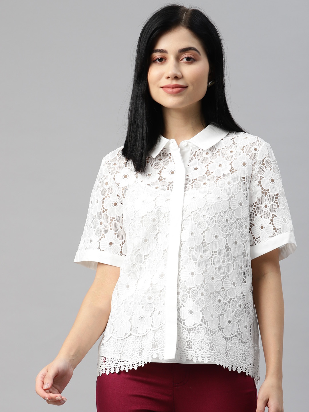 

Marks & Spencer Women White Lace Floral Casual Shirt