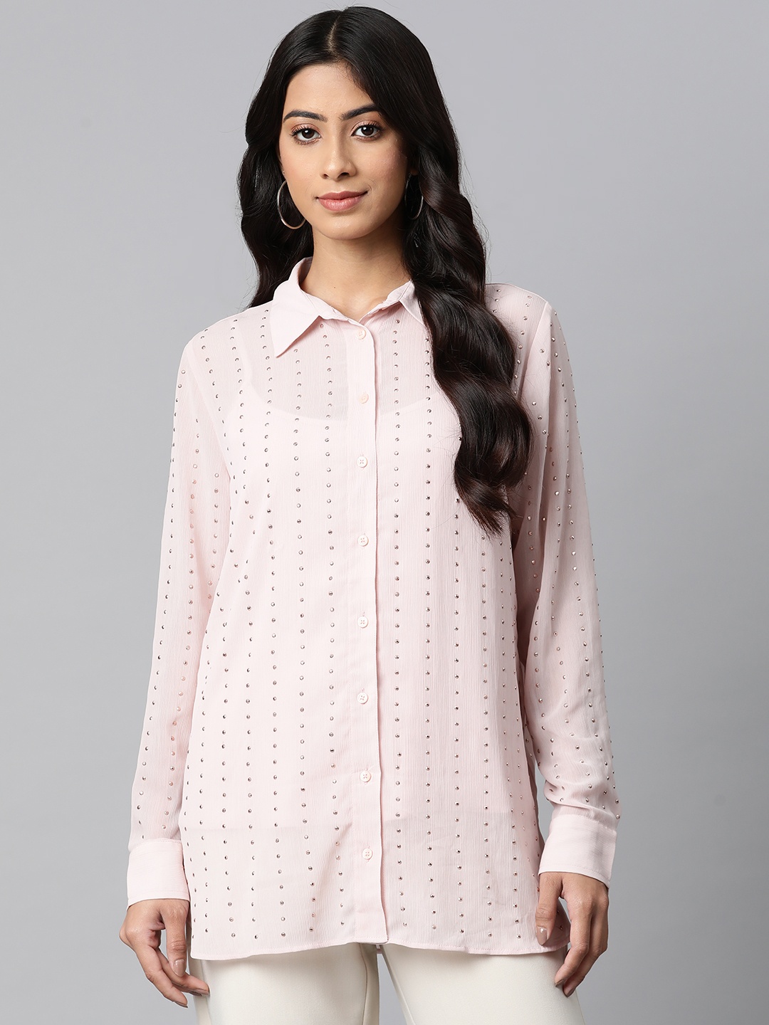 

Marks & Spencer Women Pink Georgette Semi-Sheer Studded Casual Shirt