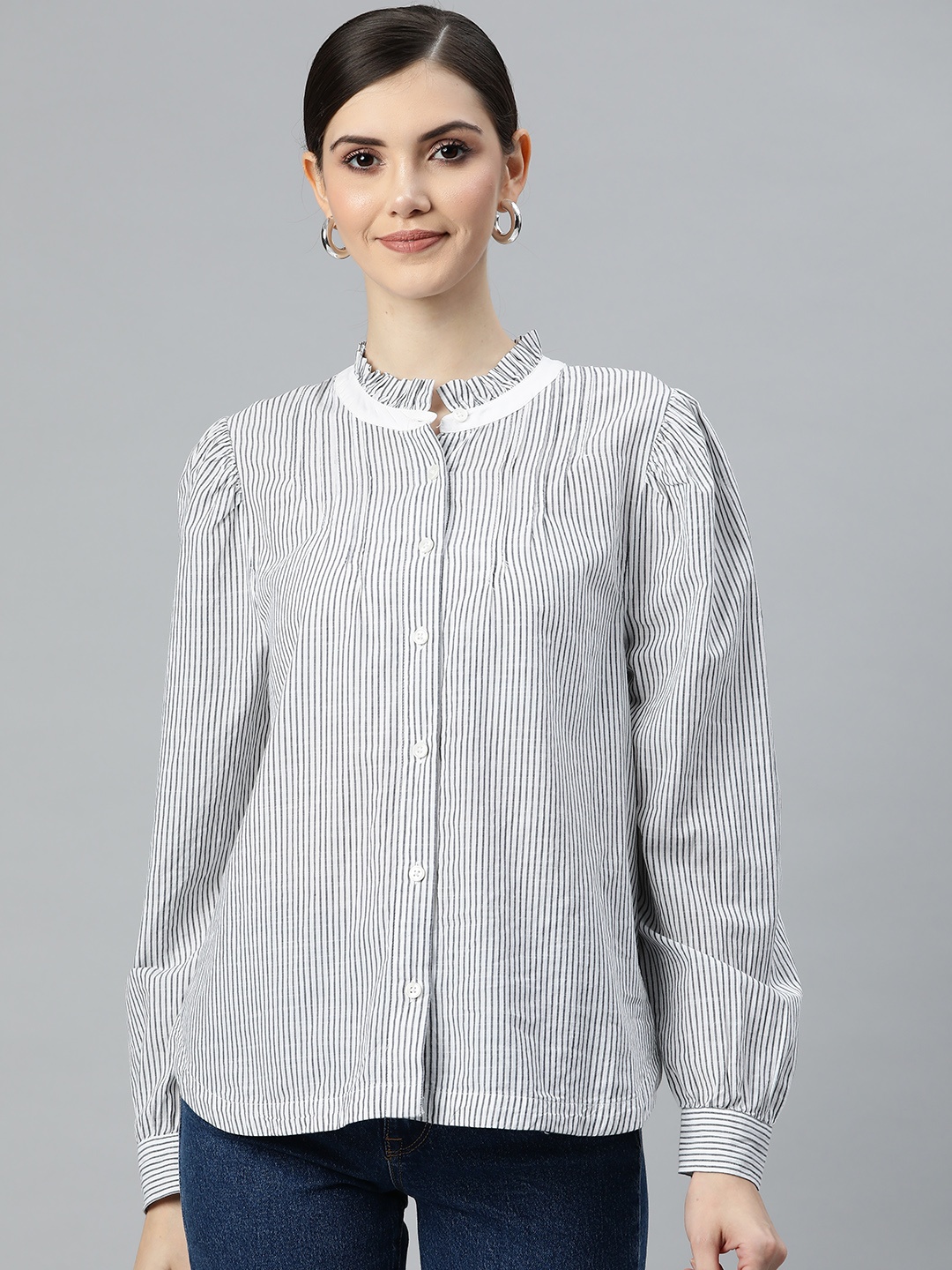 

Marks & Spencer Women White & Black Striped Pure Cotton Casual Shirt