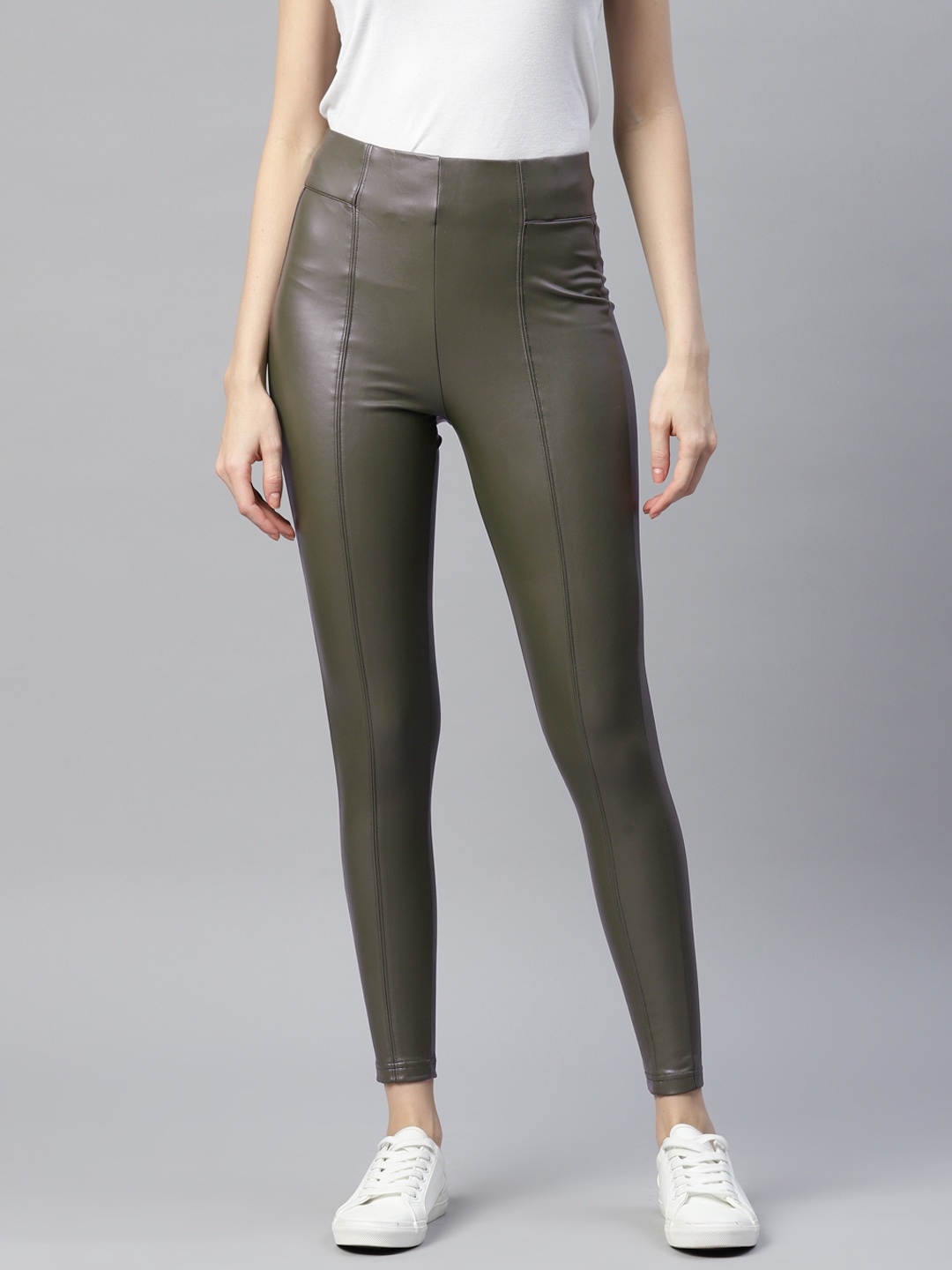 

Marks & Spencer Women Faux Leather Skinny Fit Solid High-Rise Treggings, Olive