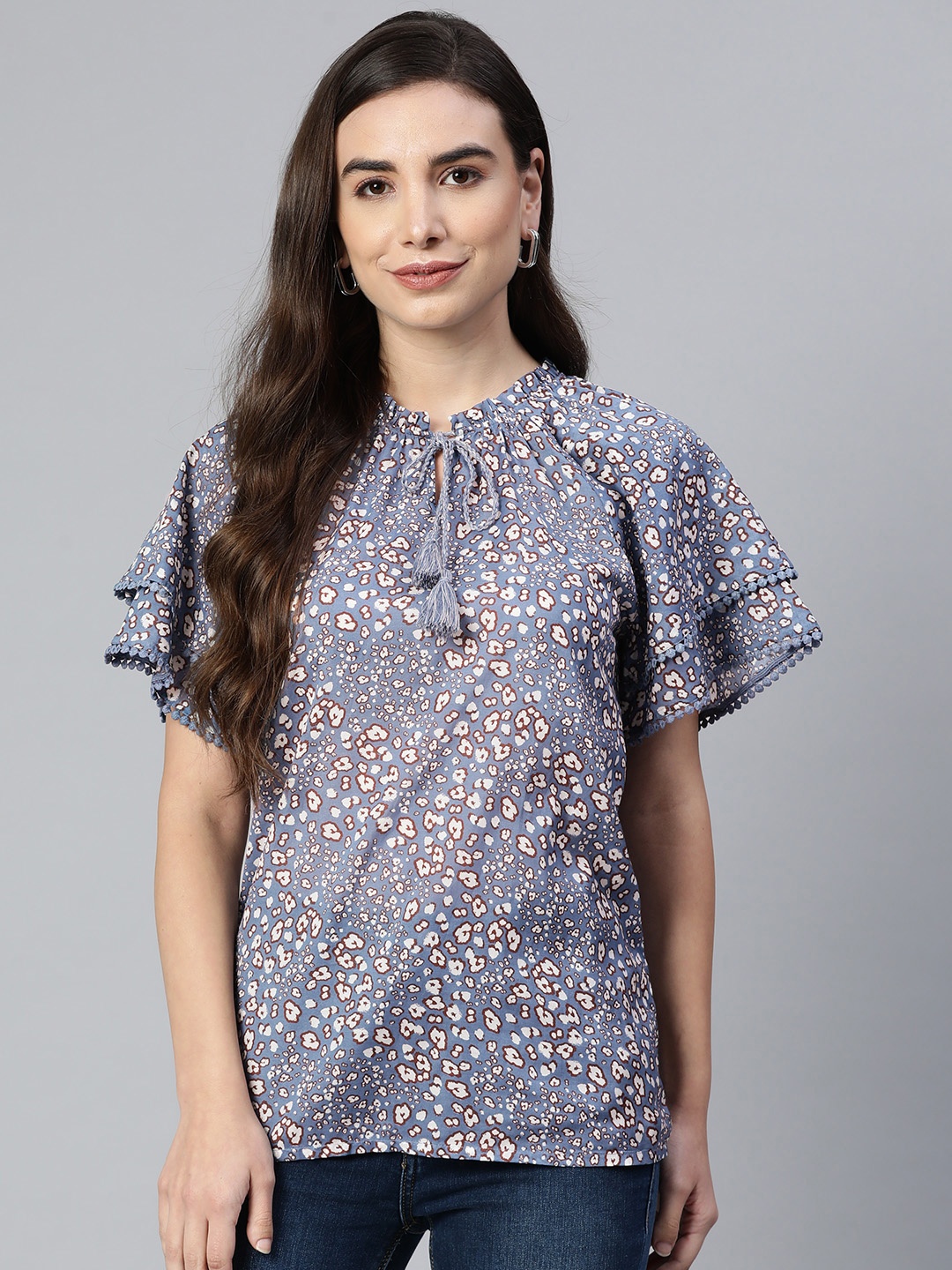 

Marks & Spencer Blue & White Floral Print Tie-Up Neck Top