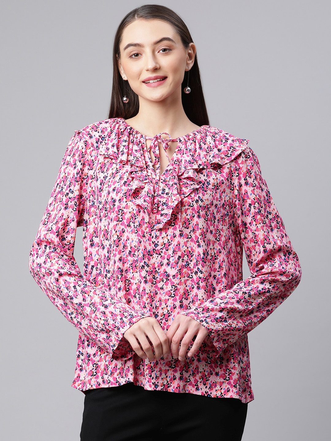 

Marks & Spencer Women Pink & Navy Blue Floral Print Ruffles Top