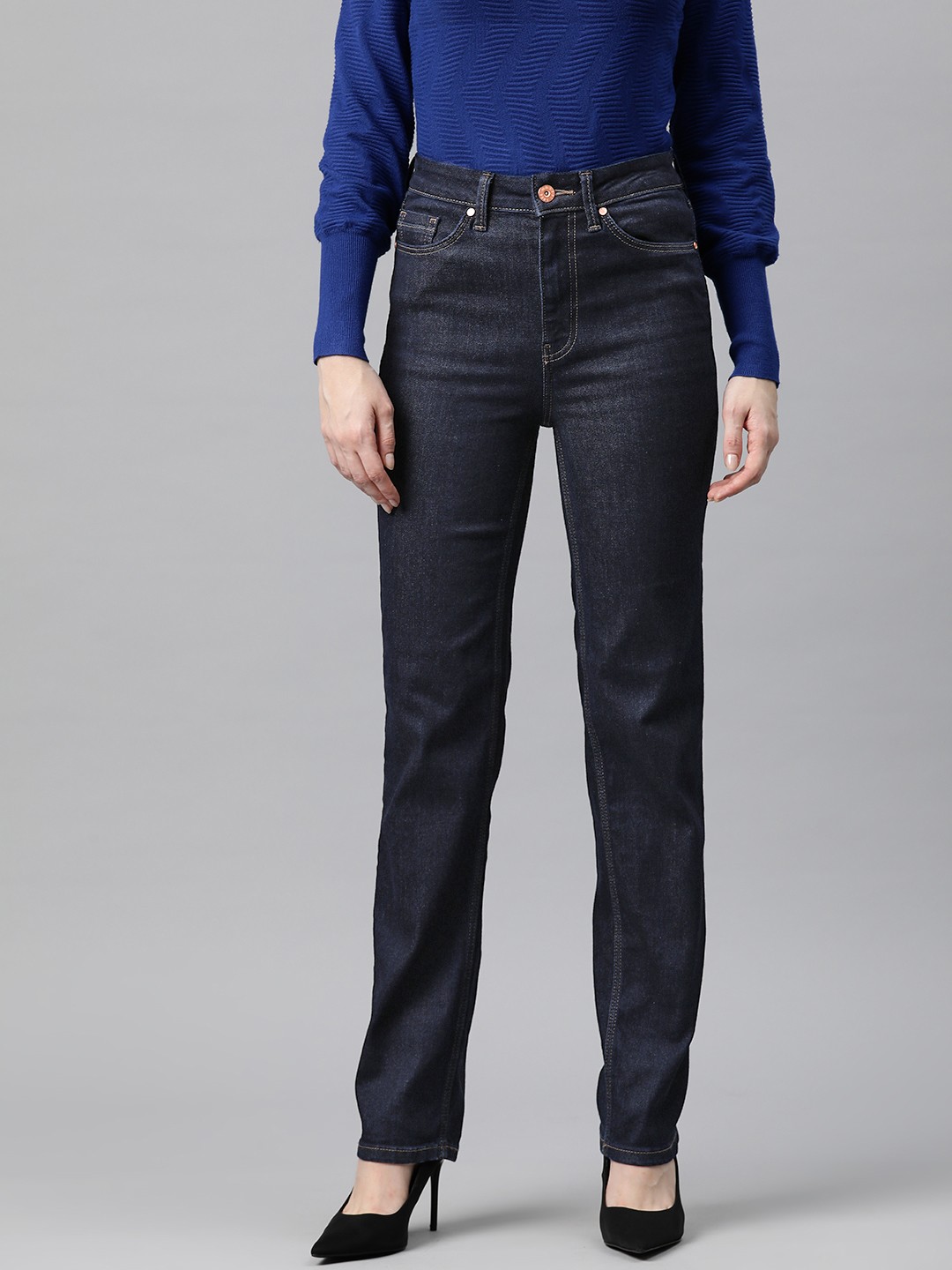 

Marks & Spencer Women Straight Fit High-Rise Stretchable Jeans, Navy blue