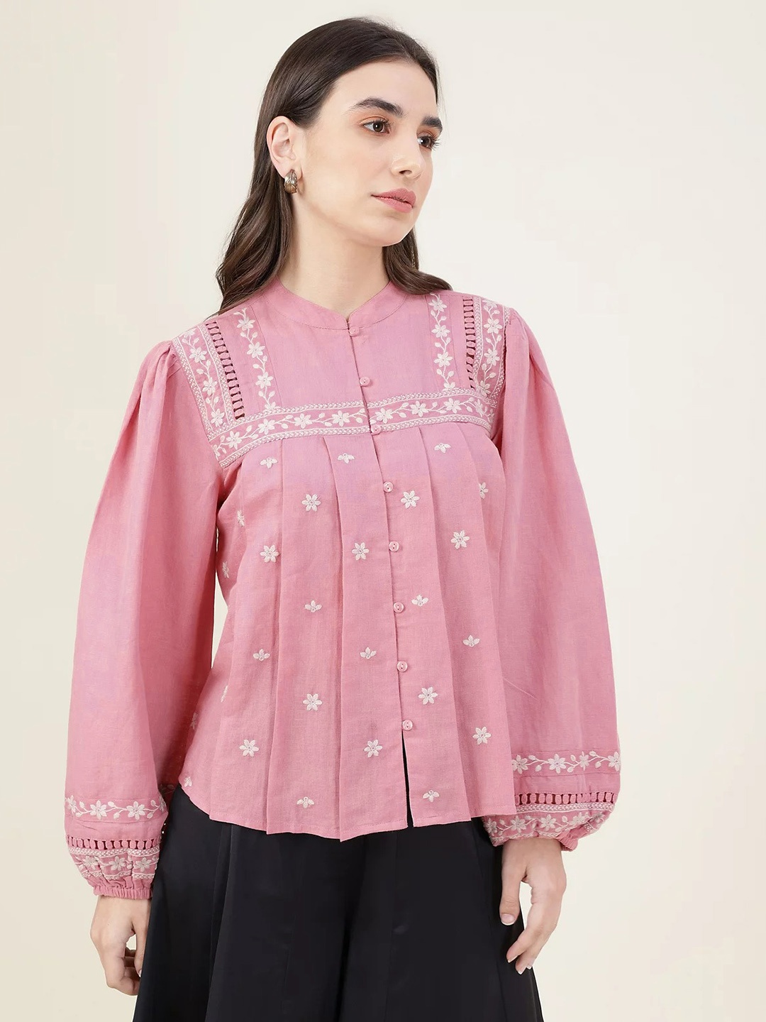

Marks & Spencer Women Pink Cotton Linen Floral Embroidered Top