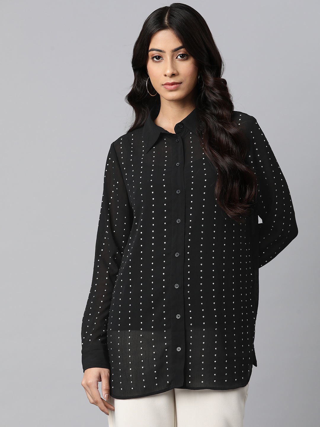 

Marks & Spencer Women Black Georgette Semi-Sheer Studded Casual Shirt