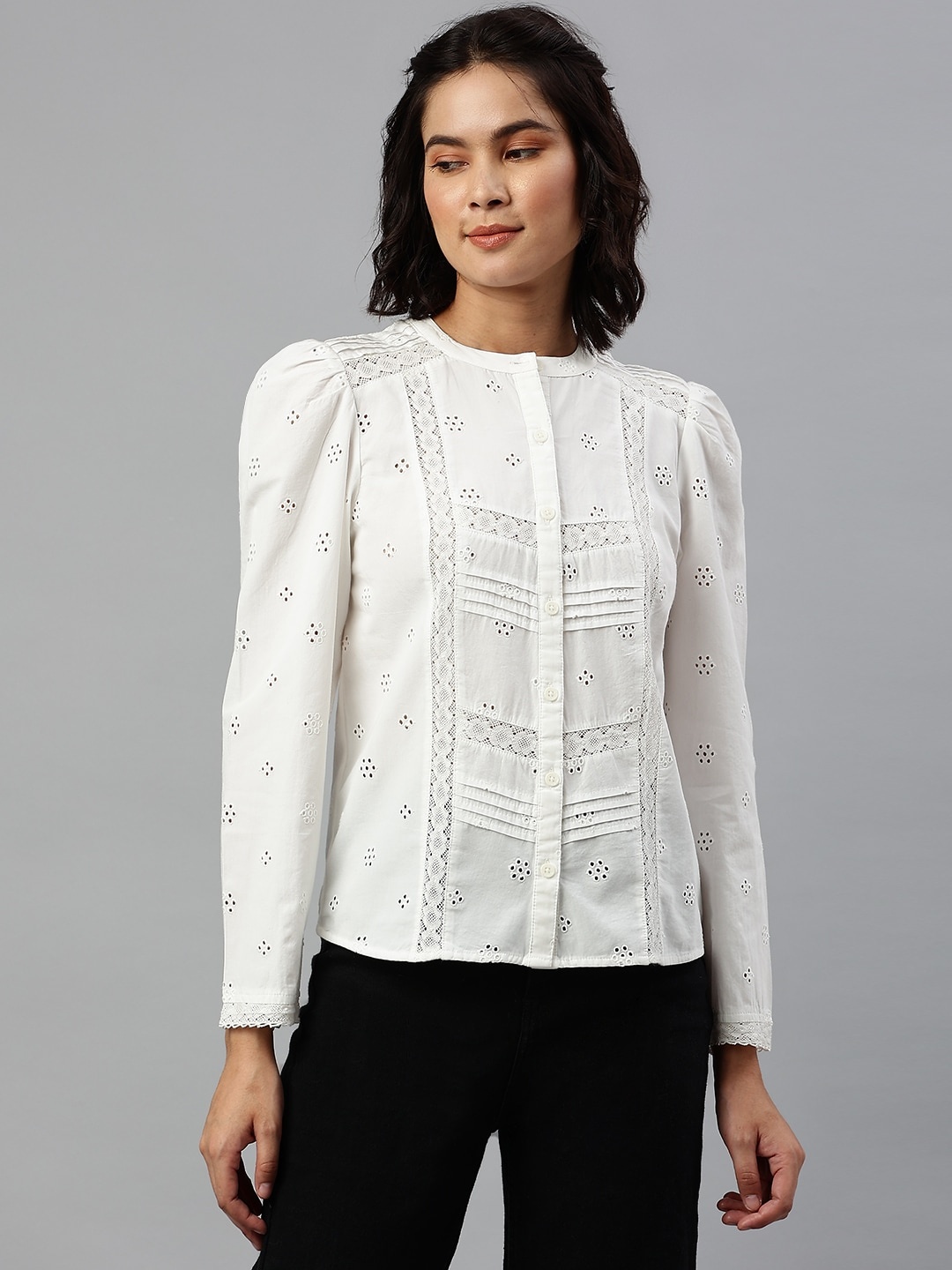 

Marks & Spencer White Floral Mandarin Collar Shirt Style Top