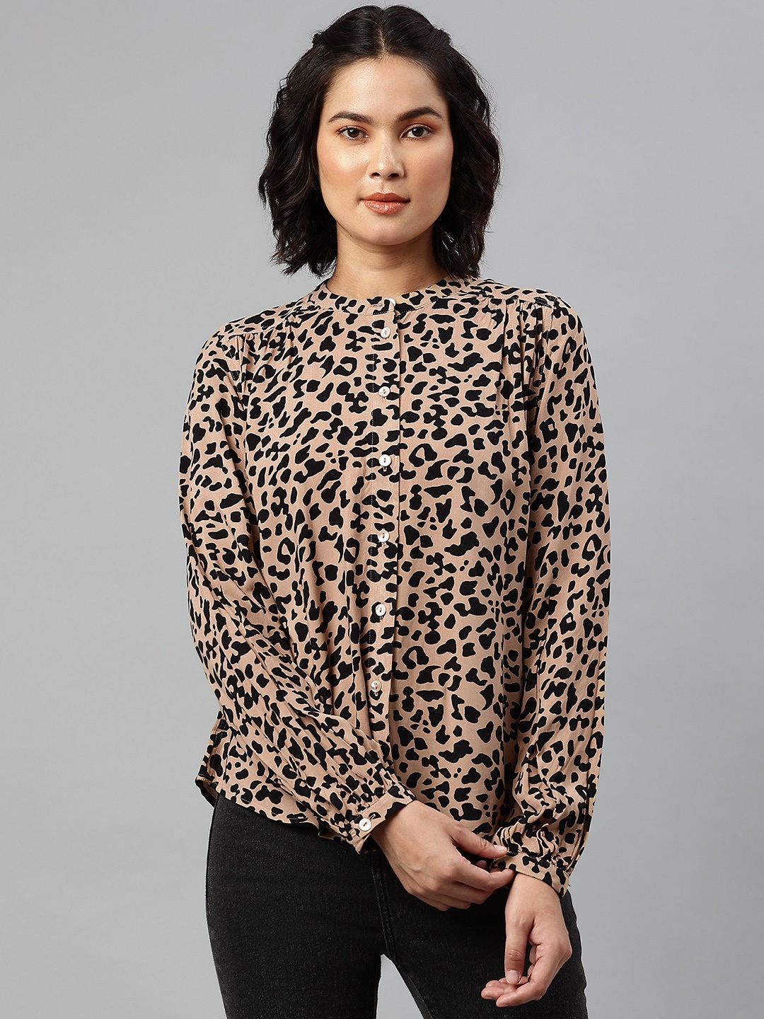 

Marks & Spencer Brown & Black Animal Print Mandarin Collar Shirt Style Top