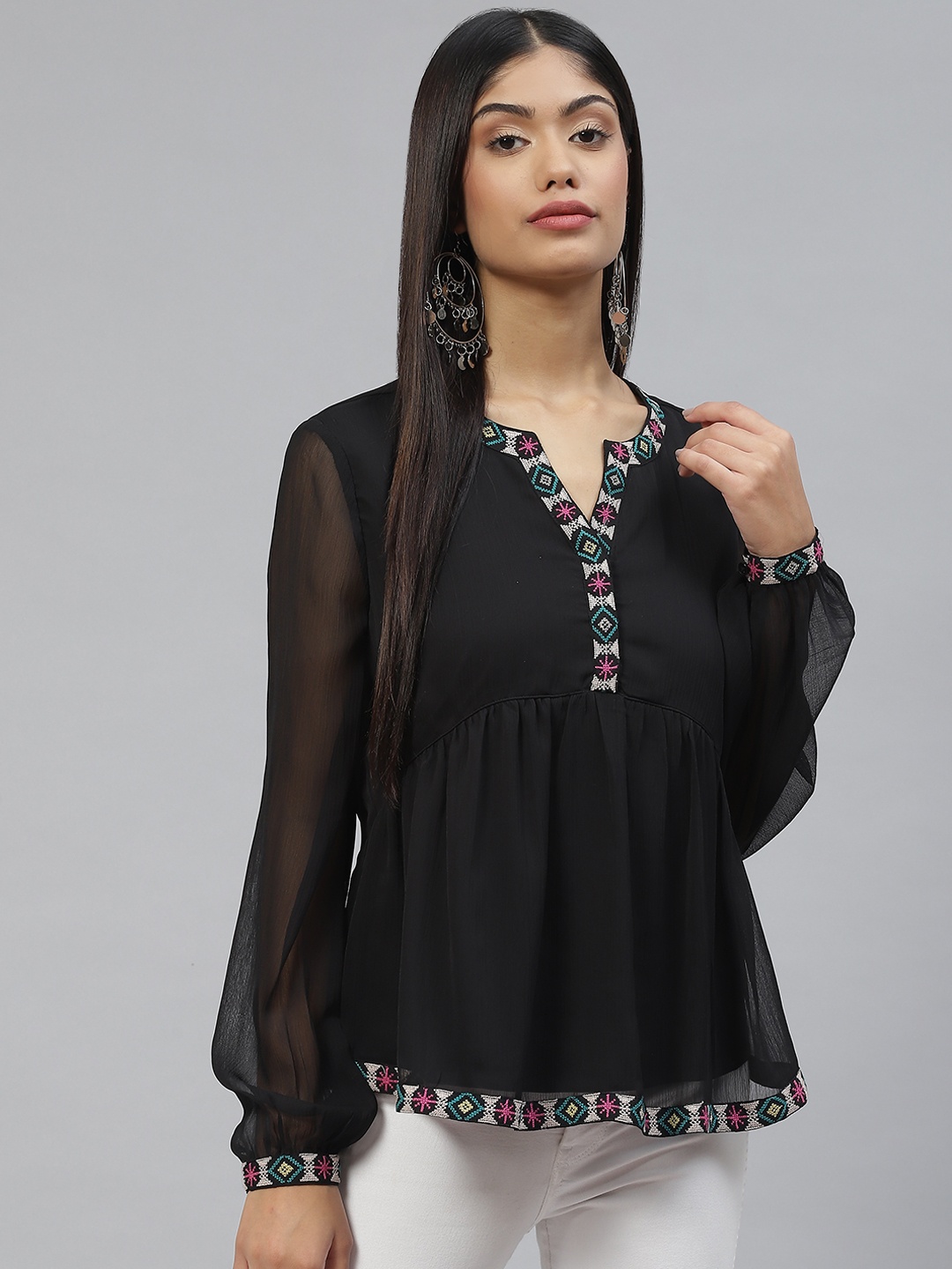 

Marks & Spencer Black Embroidered Puff Sleeves Top