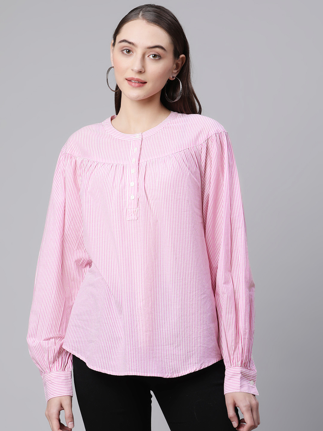 

Marks & Spencer Pink & White Striped Band Collar Shirt Style Top