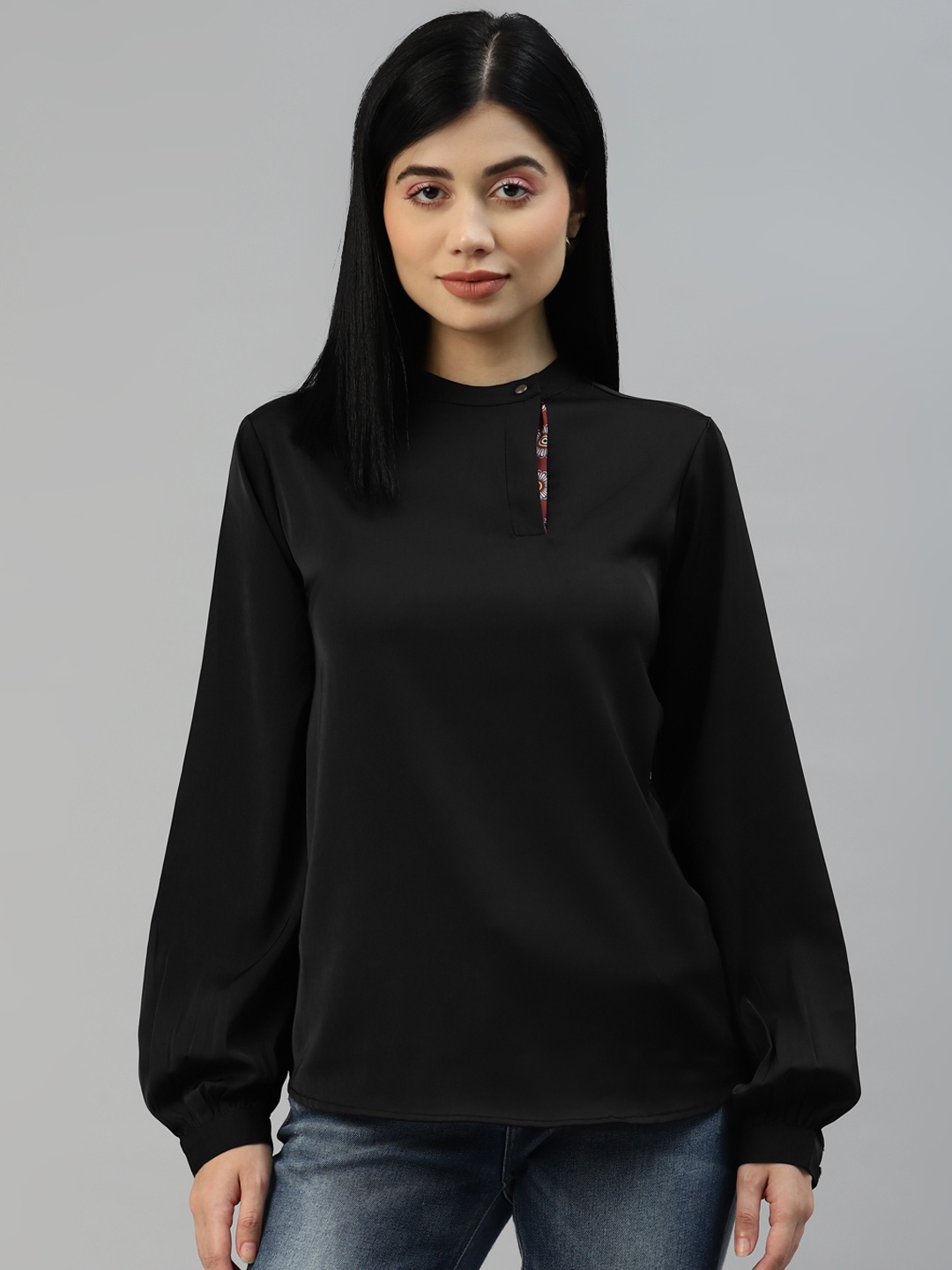 

Marks & Spencer Black Solid Mandarin Collar Top
