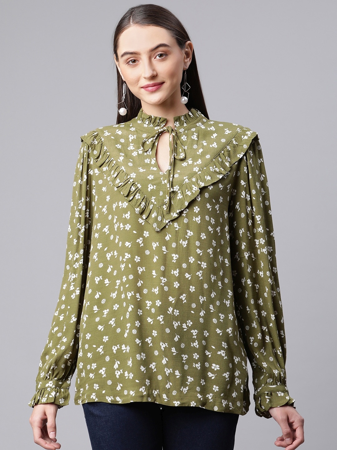 

Marks & Spencer Green & White Floral Print Tie-Up Neck Frills Top