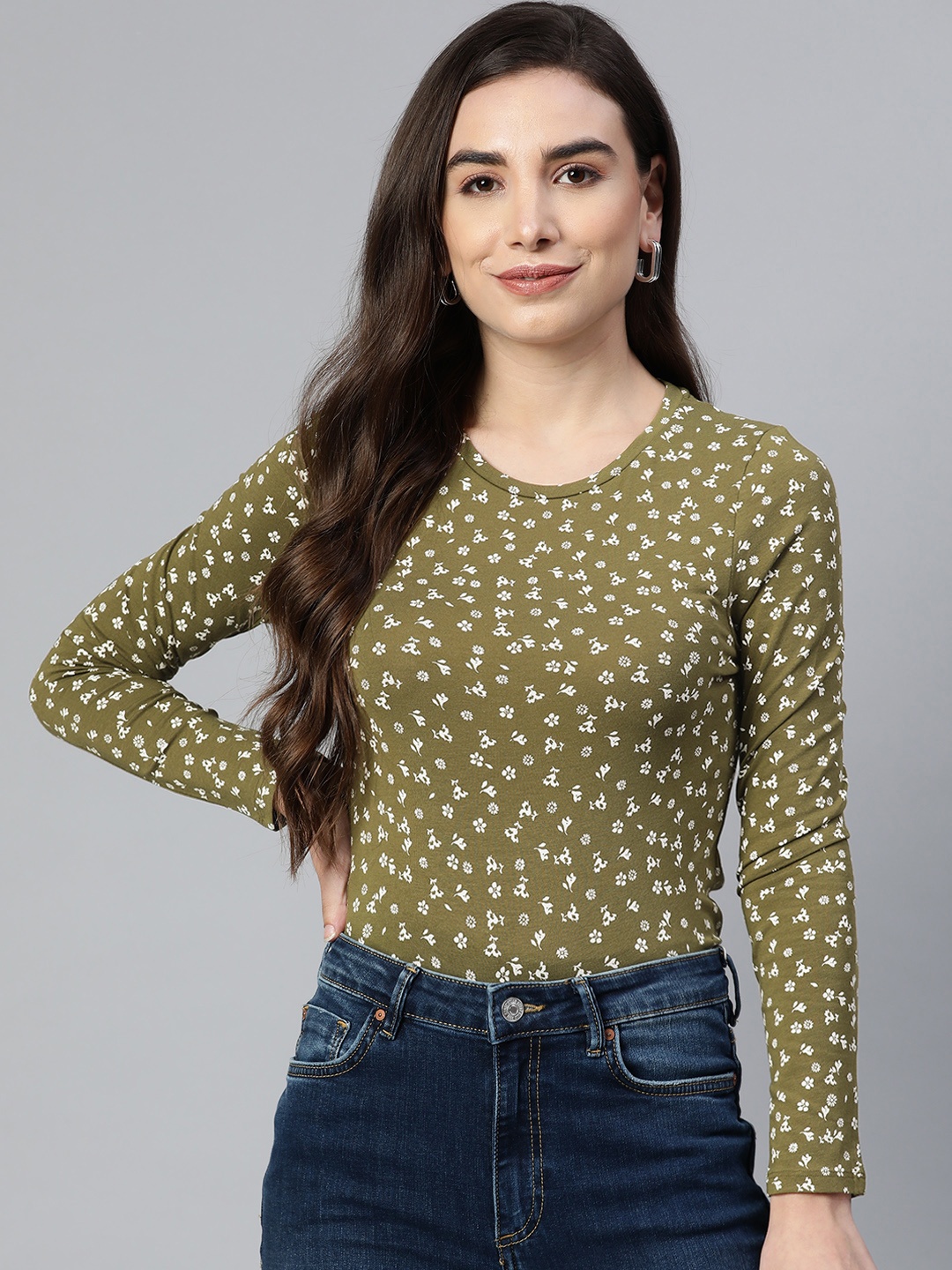 

Marks & Spencer Women Green & Off White Floral Printed T-shirt