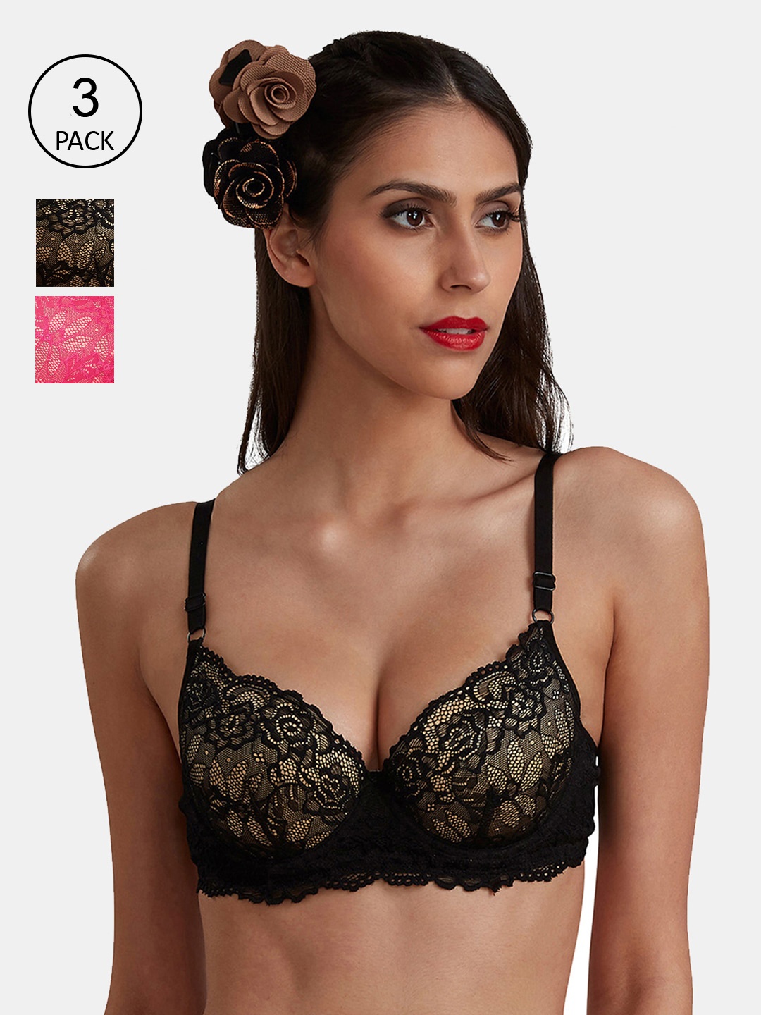 

Inner Sense Women Set Of 3 Black & Pink Organic Cotton Padded Underwired Lace Bra