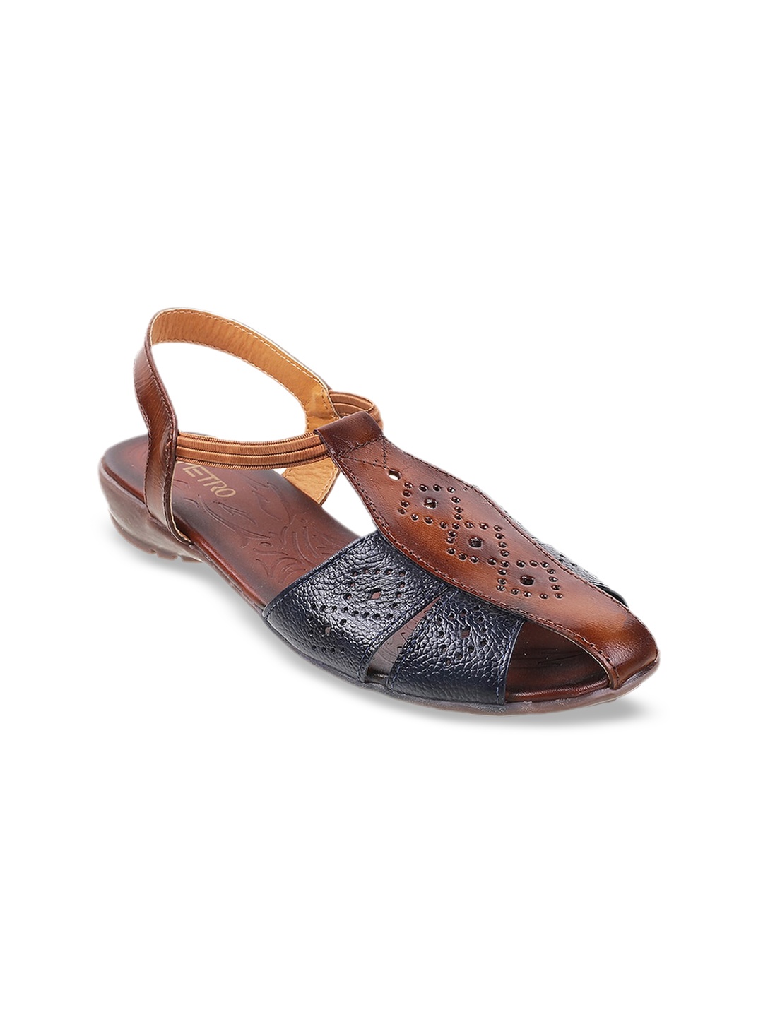 

Metro Women Navy Blue & Brown Textured Laser Cuts Open Toe Flats
