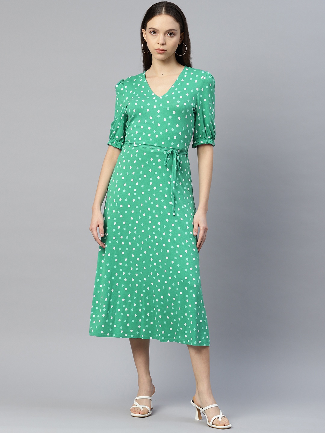 

Marks & Spencer Polka Dots Print A-Line Midi Dress with a Belt, Green