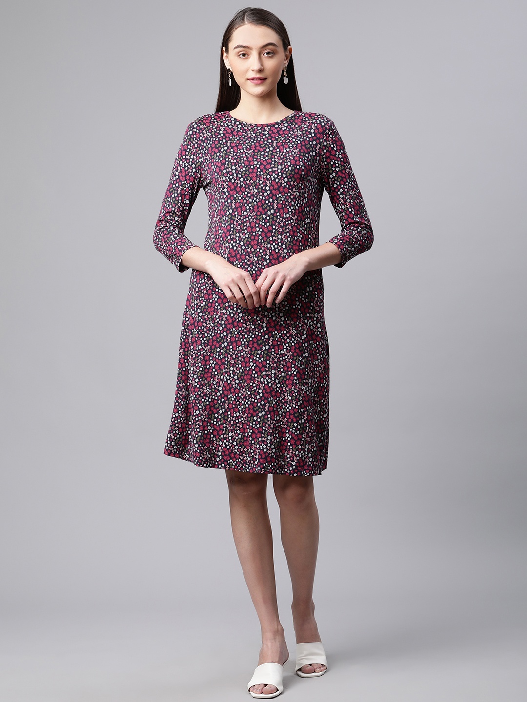 

Marks & Spencer Navy Blue & Pink Floral A-Line Dress