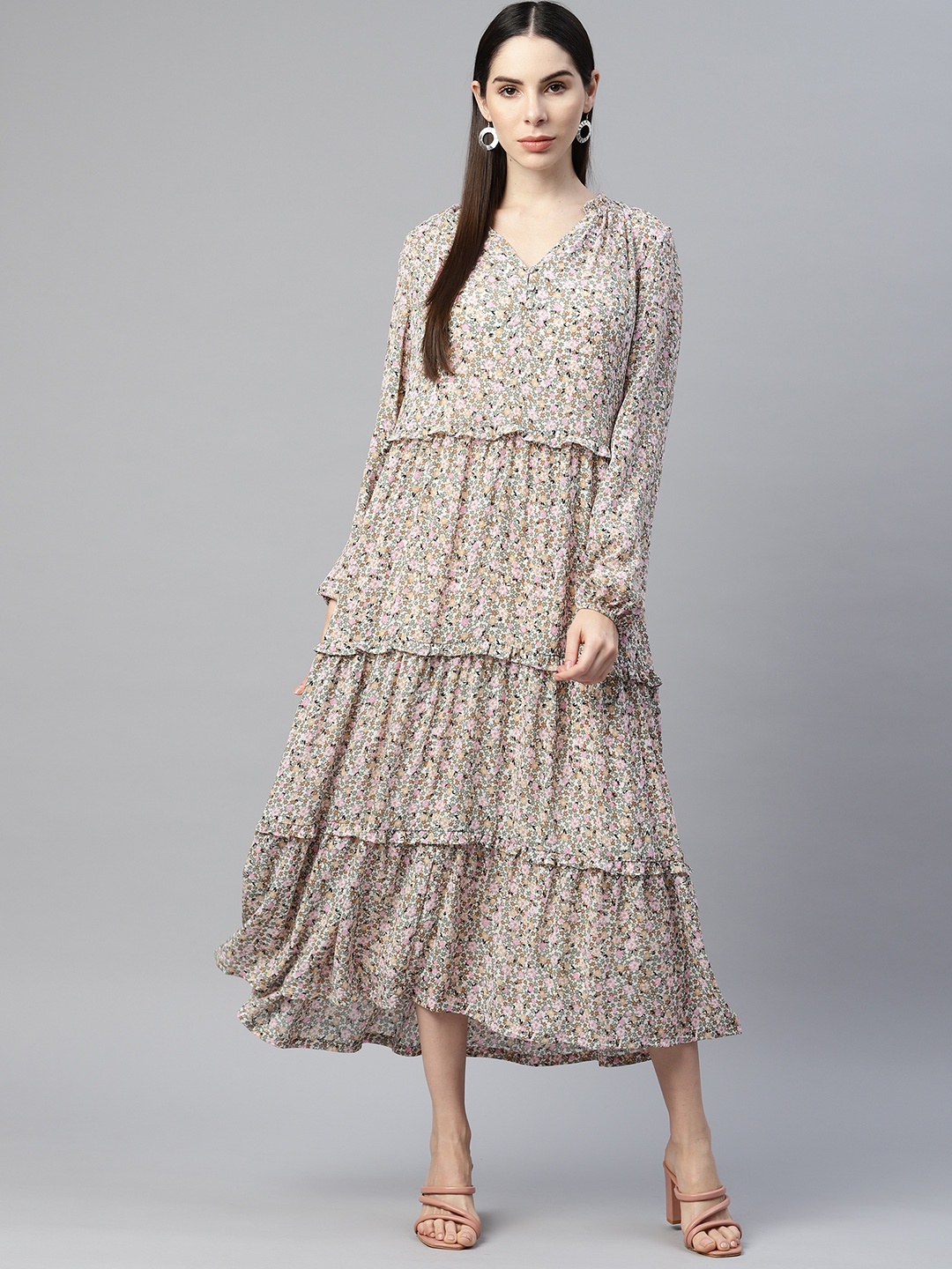 

Marks & Spencer Floral Print Tiered Ruffles A-Line Midi Dress, Beige