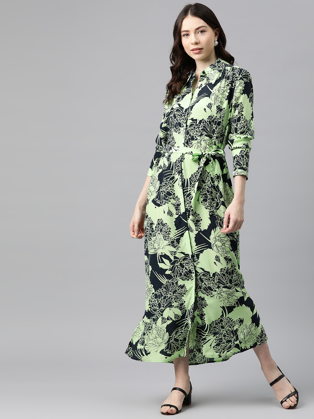 

Marks & Spencer Green & Black Floral Print Puff Sleeve Shirt Midi Dress