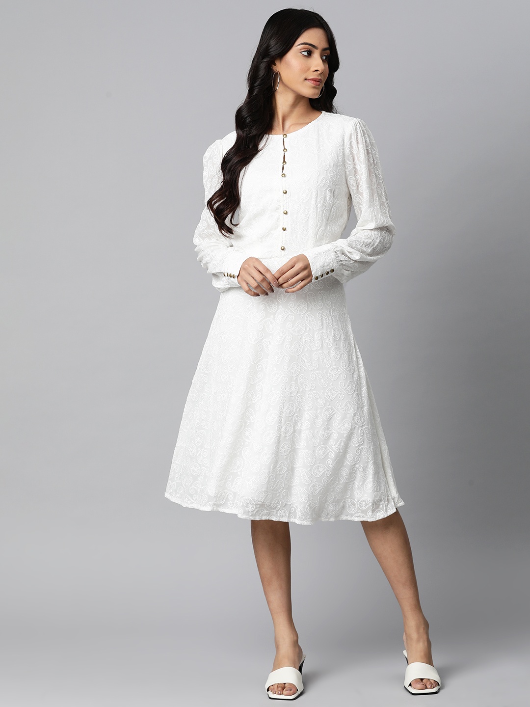 

Marks & Spencer Off White Ethnic Motifs Embroidered A-Line Midi Dress