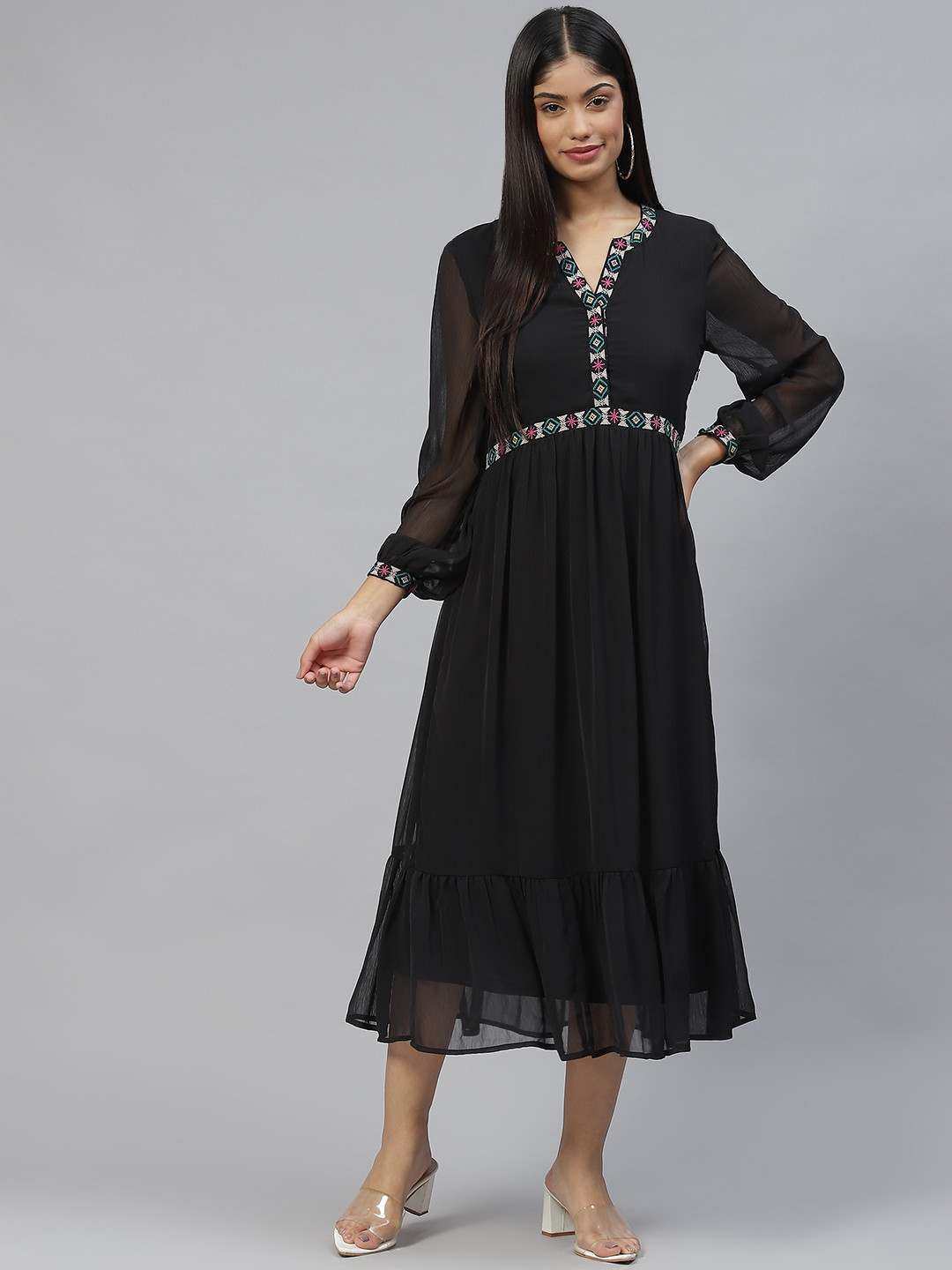 

Marks & Spencer Black Embroidered Yoke Design A-Line Midi Dress