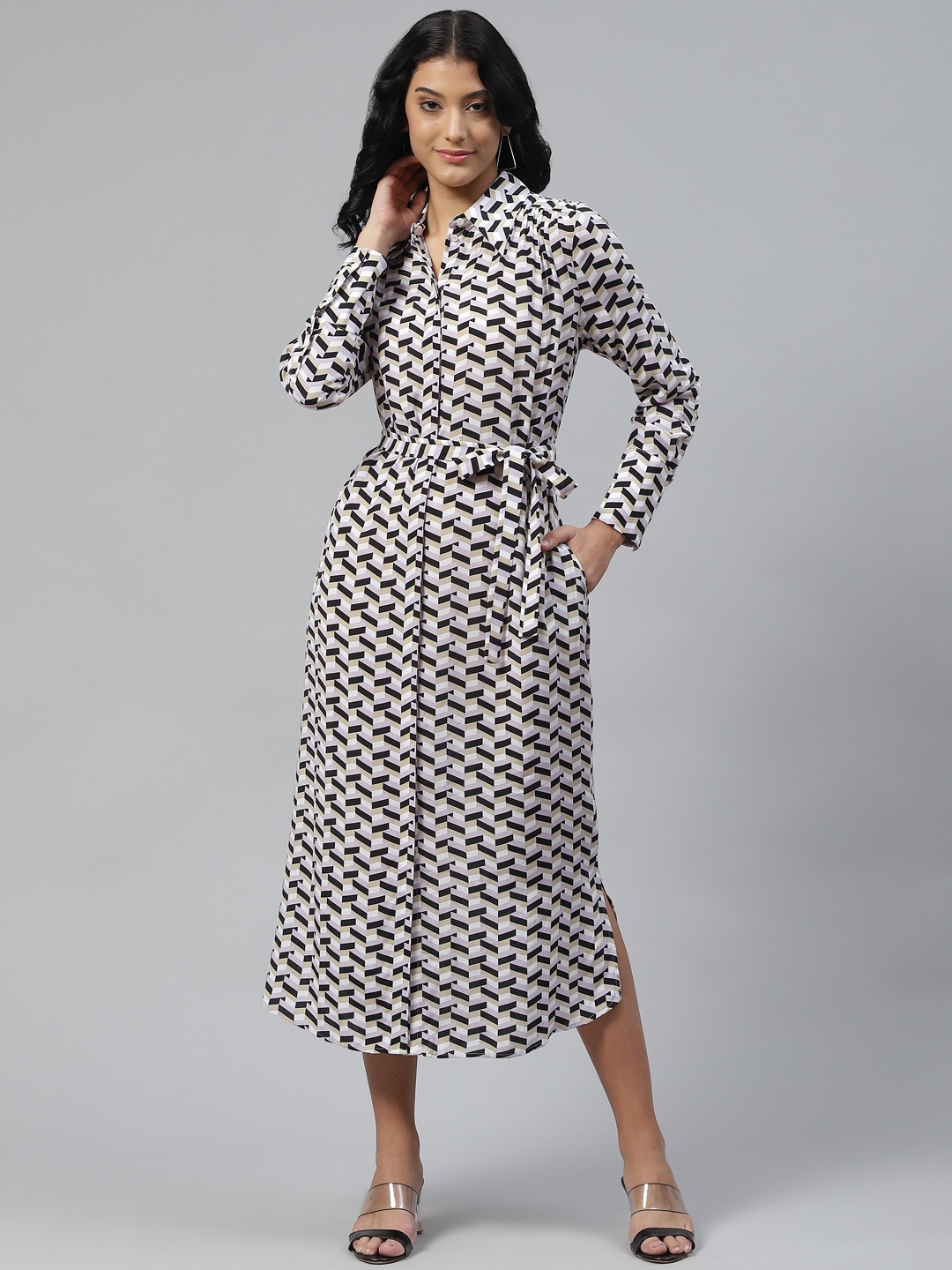 

Marks & Spencer Lavender & Black Geometric Print Shirt Midi Dress