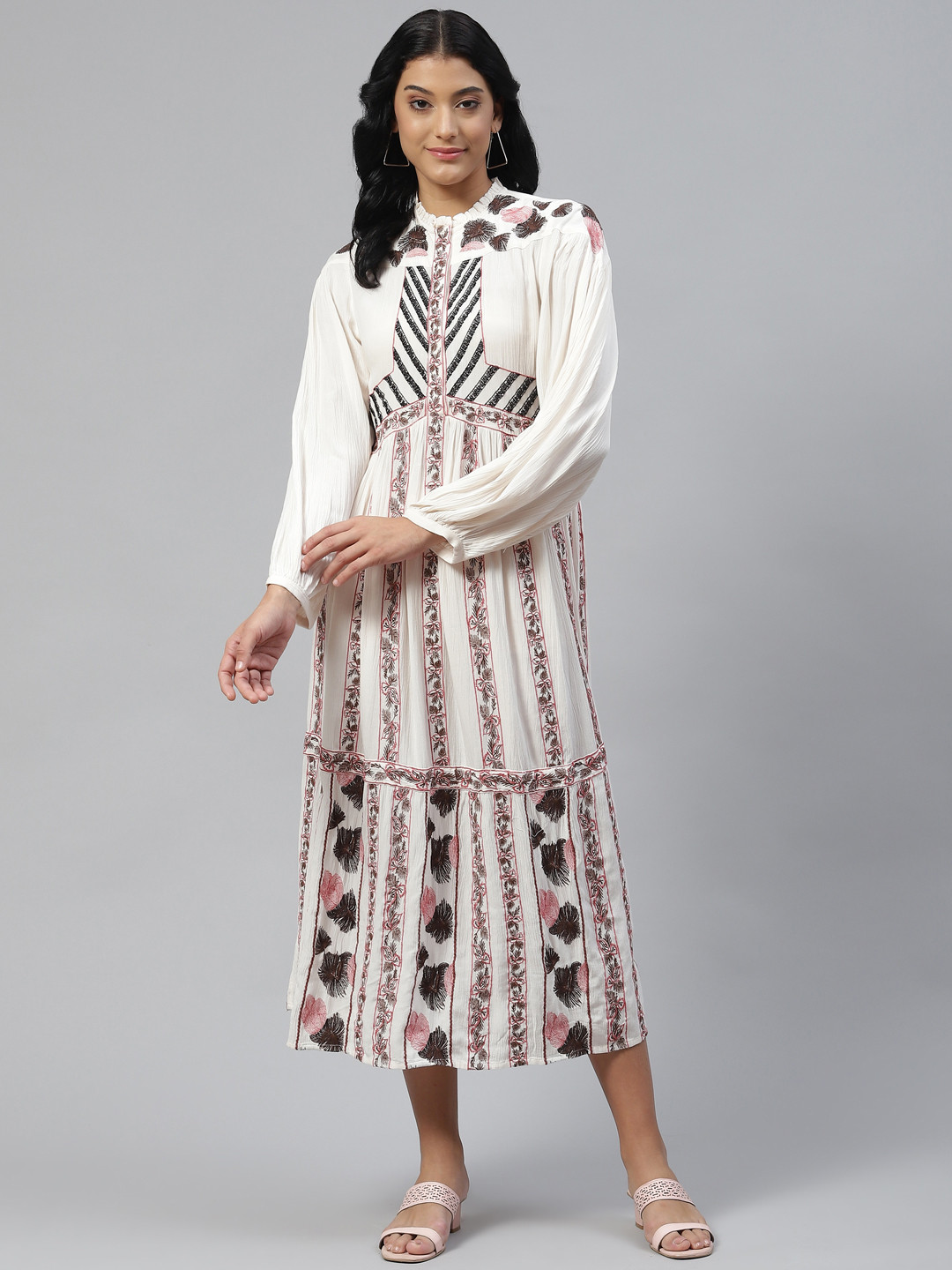 

Marks & Spencer Off White & Black Floral Embroidered A-Line Midi Dress