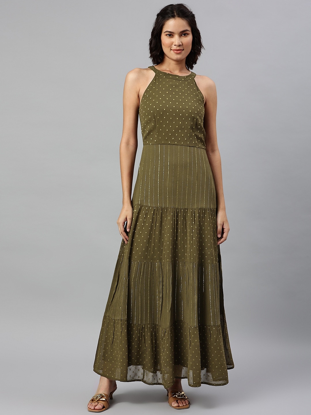 

Marks & Spencer Olive Green & Gold-Toned A-Line Maxi Dress