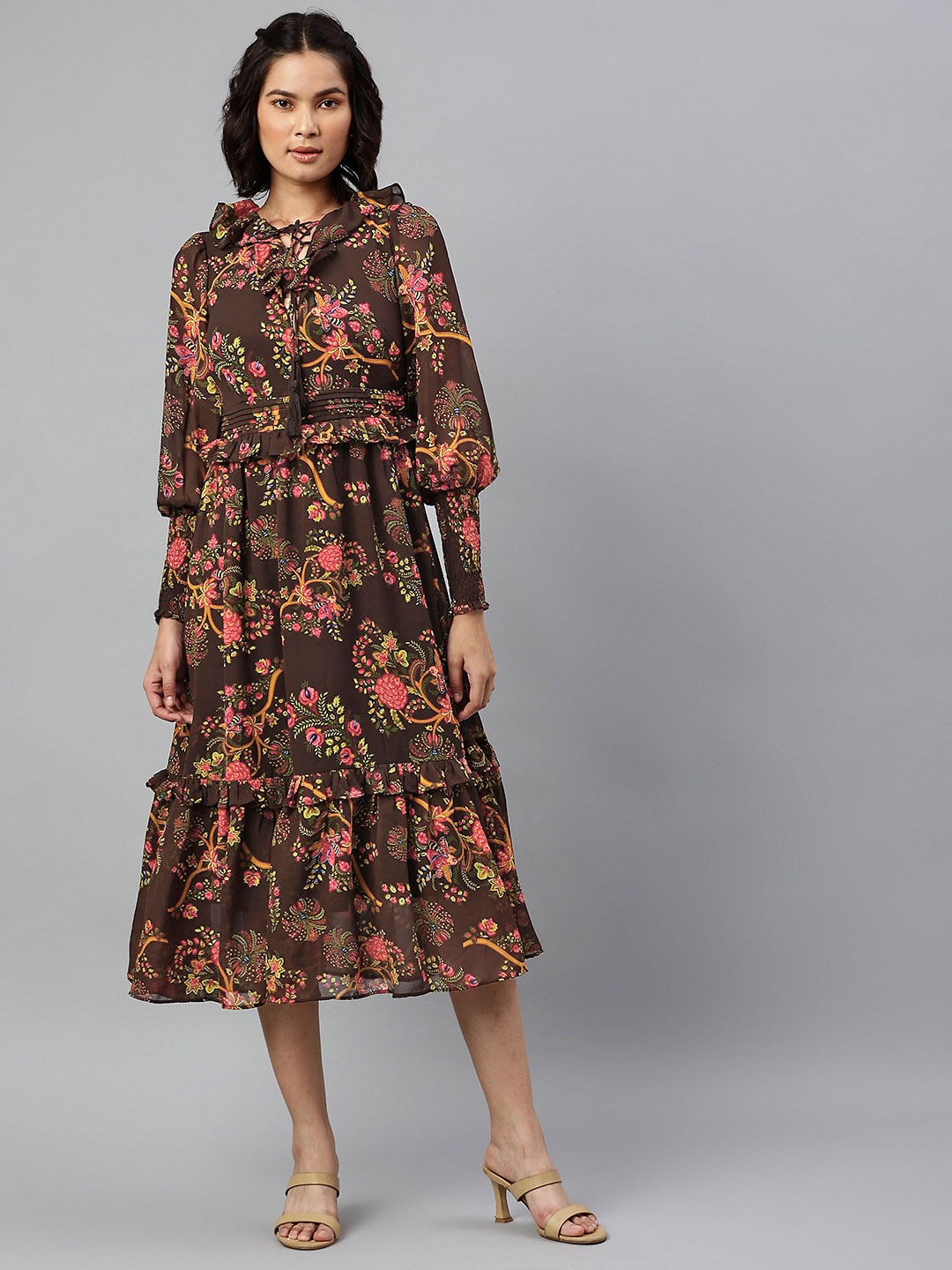 Marks & Spencer Brown & Red Floral Tie-Up Neck A-Line Midi Dress
