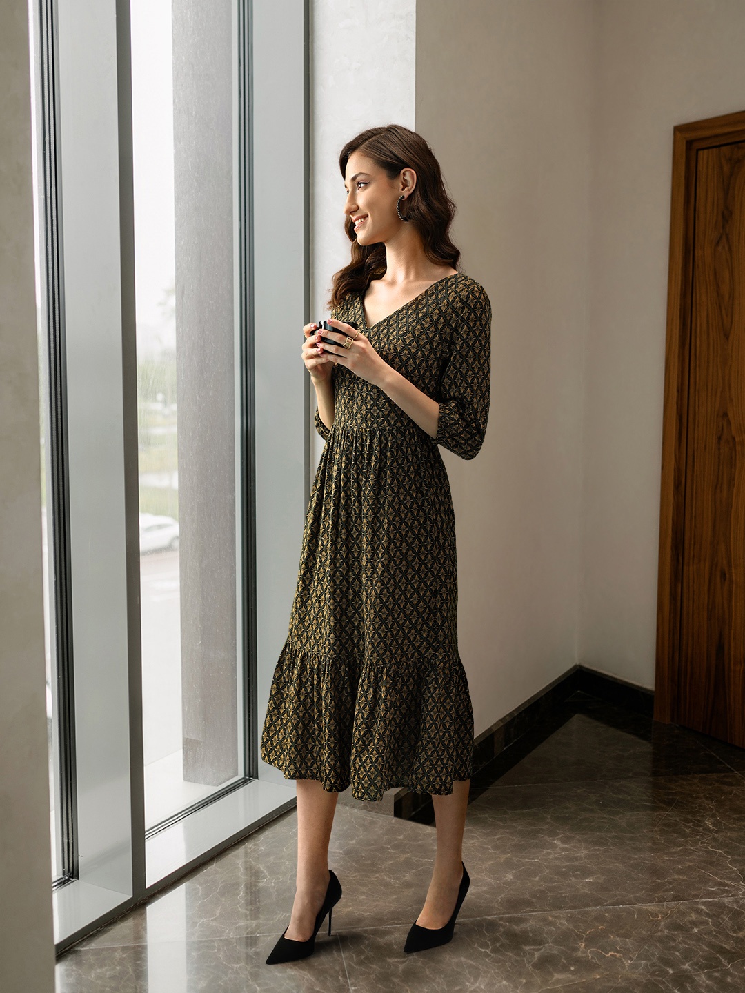 Marks & Spencer Black & Mustard Yellow Ethnic Motifs A-Line Midi Dress