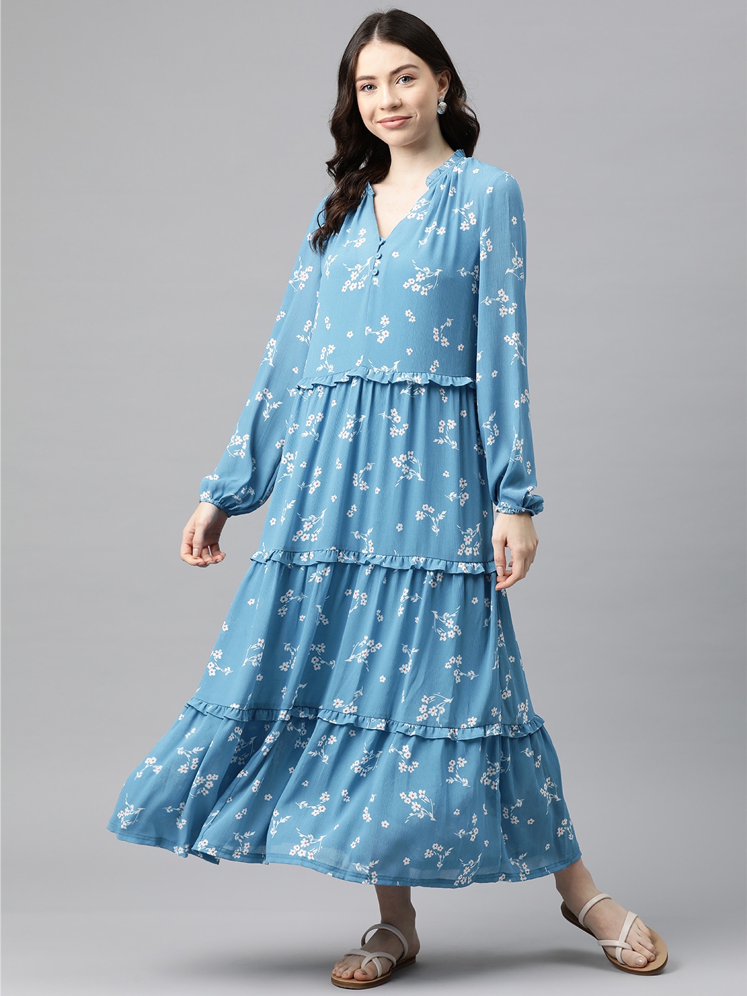 

Marks & Spencer Blue & White Floral Print A-Line Midi Dress