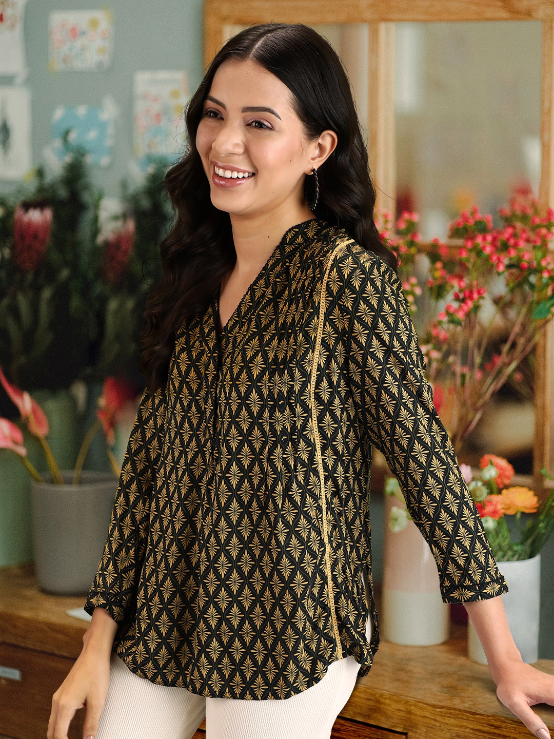 

Marks & Spencer Black & Mustard Yellow Ethnic Print Top